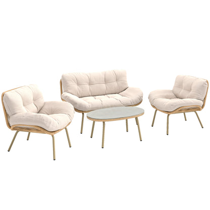 4-Piece Polyrattan Garden Furniture Set – Two-Seater Sofa, 2 Armless Chairs & Oval Table, Deep Seats with Thick Cushions, Plastic Tabletop, Balcony/Patio Seating for 4 — Beige