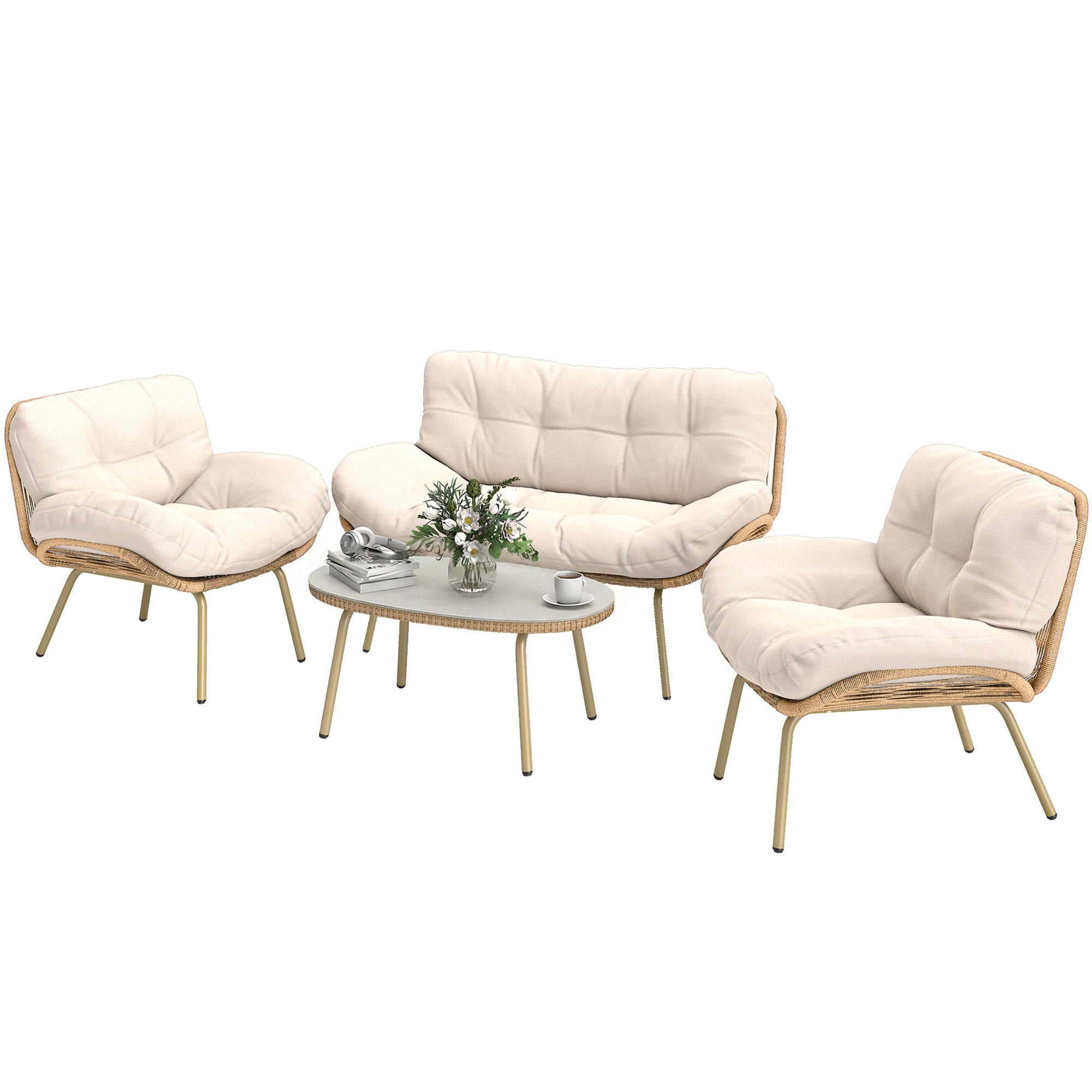 4-Piece Polyrattan Garden Furniture Set – Two-Seater Sofa, 2 Armless Chairs & Oval Table, Deep Seats with Thick Cushions, Plastic Tabletop, Balcony/Patio Seating for 4 — Beige