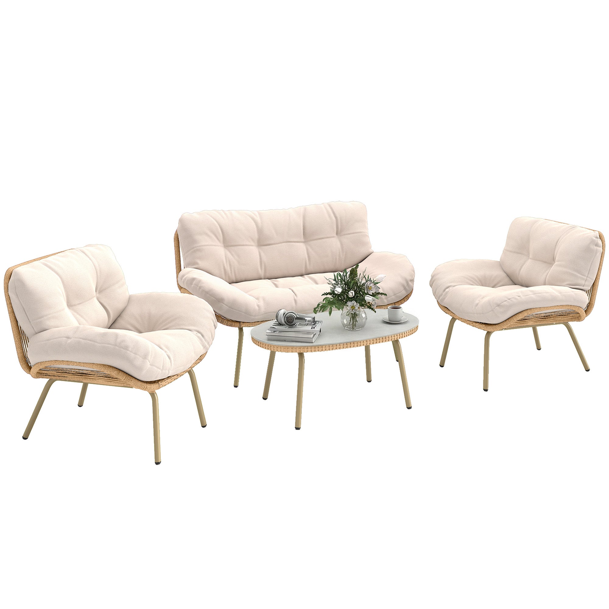 4-Piece Polyrattan Garden Furniture Set – Two-Seater Sofa, 2 Armless Chairs & Oval Table, Deep Seats with Thick Cushions, Plastic Tabletop, Balcony/Patio Seating for 4 — Beige