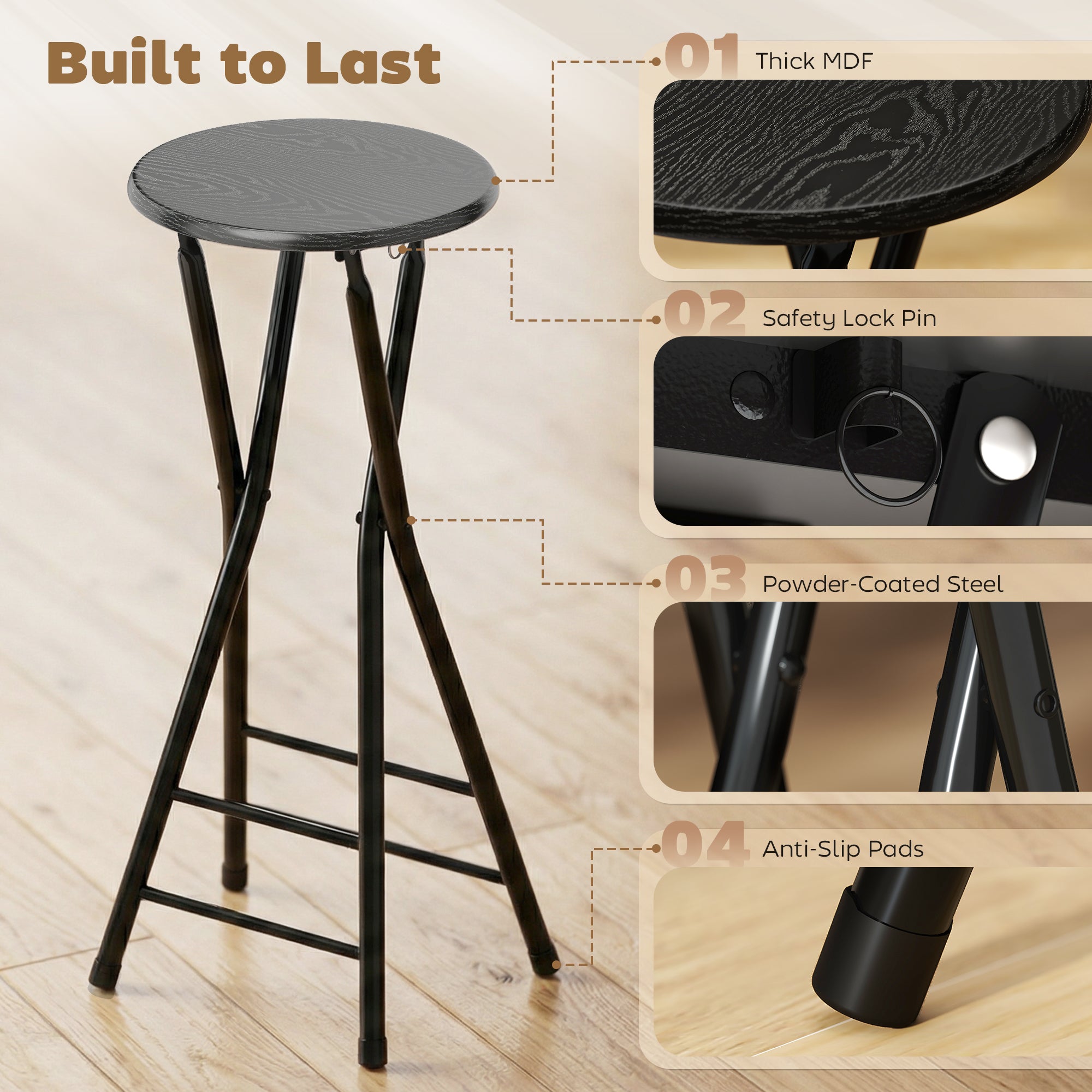 Set of 2 Folding Bar Stools, Round High Kitchen Counter Stools with Dual Footrests, Wood & Steel Frame, Black