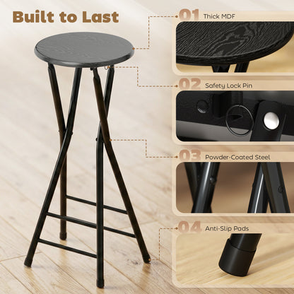 Set of 2 Folding Bar Stools, Round High Kitchen Counter Stools with Dual Footrests, Wood & Steel Frame, Black