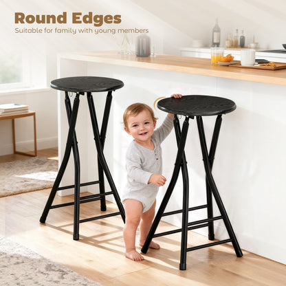 Set of 2 Folding Bar Stools, Round High Kitchen Counter Stools with Dual Footrests, Wood & Steel Frame, Black