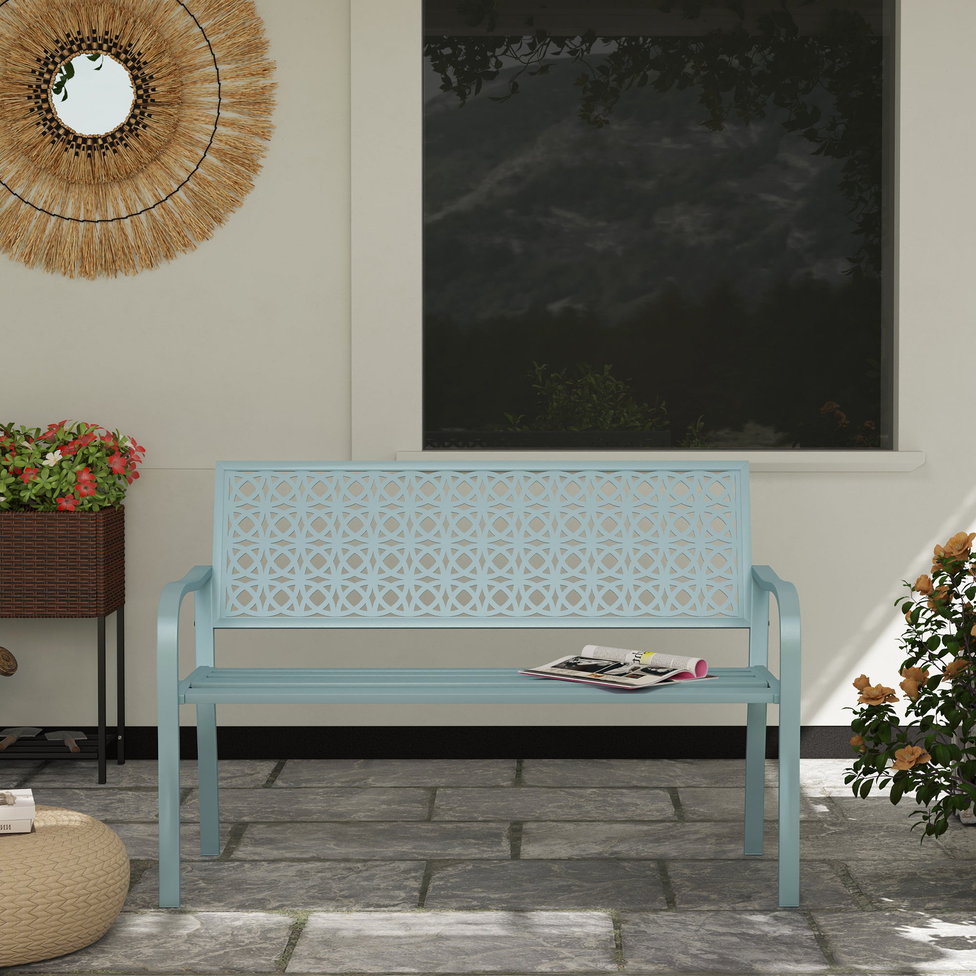 2-Seater Garden Bench, Weatherproof Bench, Garden Furniture with Backrest & Armrests, Park Bench 240kg Capacity, Balcony Bench for Terrace Balcony, Garden, 127 x 63 x 85cm, Blue