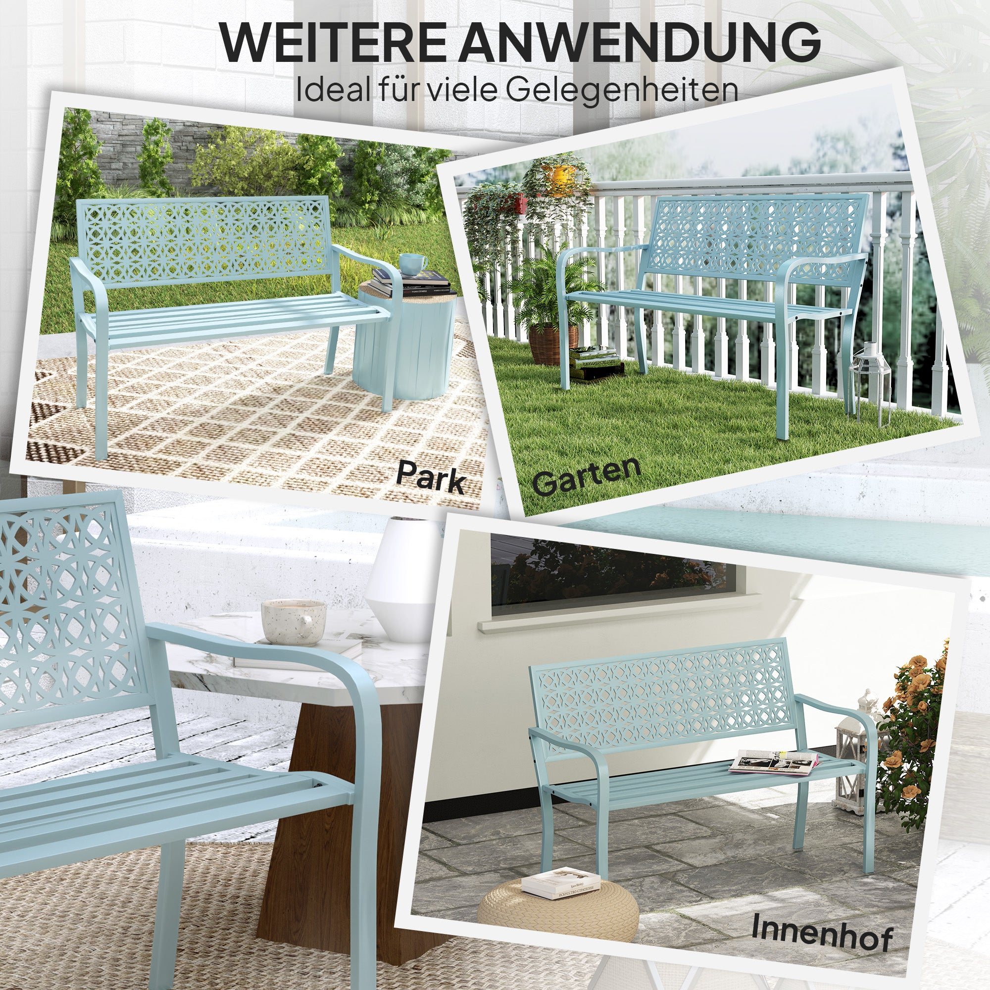 2-Seater Garden Bench, Weatherproof Bench, Garden Furniture with Backrest & Armrests, Park Bench 240kg Capacity, Balcony Bench for Terrace Balcony, Garden, 127 x 63 x 85cm, Blue