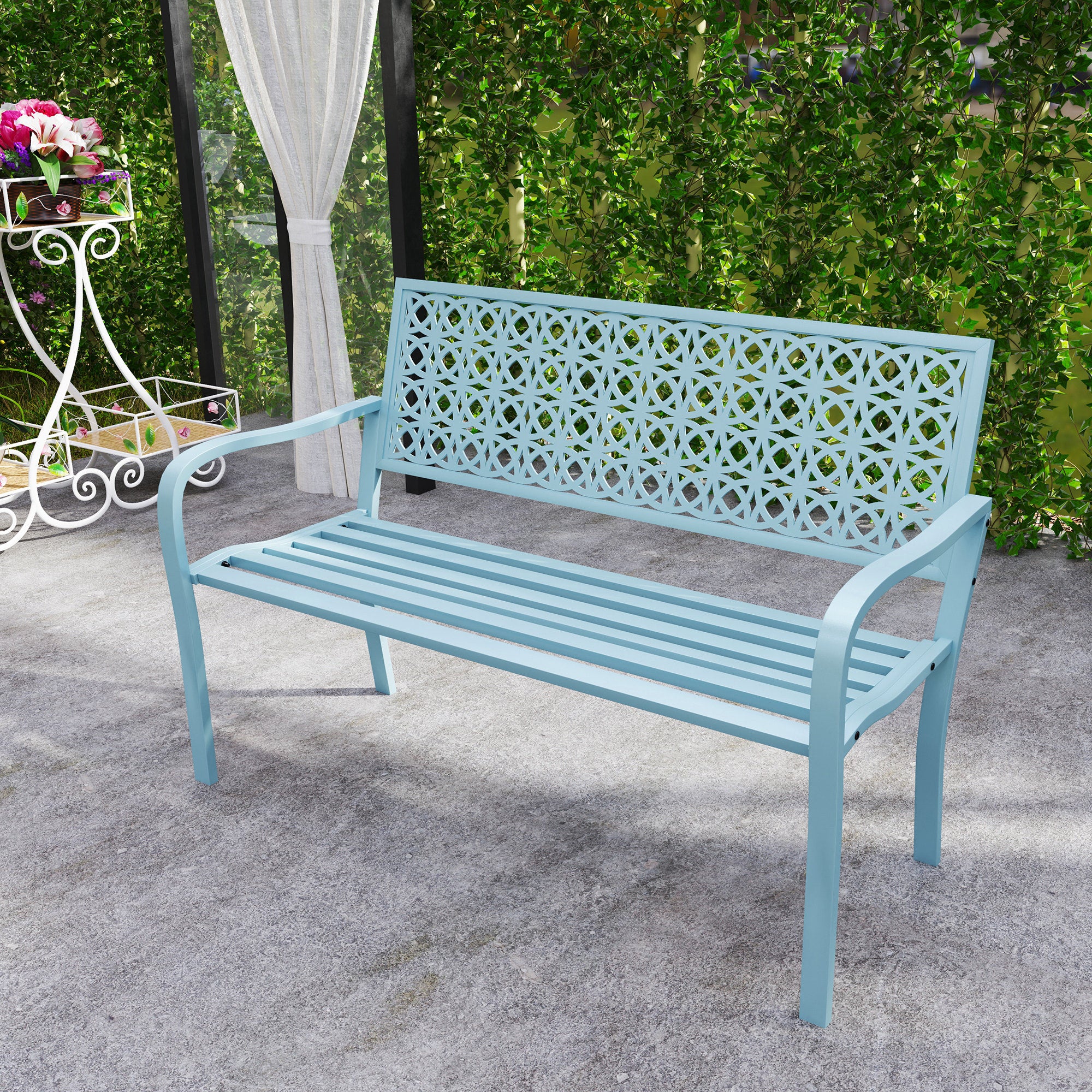 2-Seater Garden Bench, Weatherproof Bench, Garden Furniture with Backrest & Armrests, Park Bench 240kg Capacity, Balcony Bench for Terrace Balcony, Garden, 127 x 63 x 85cm, Blue