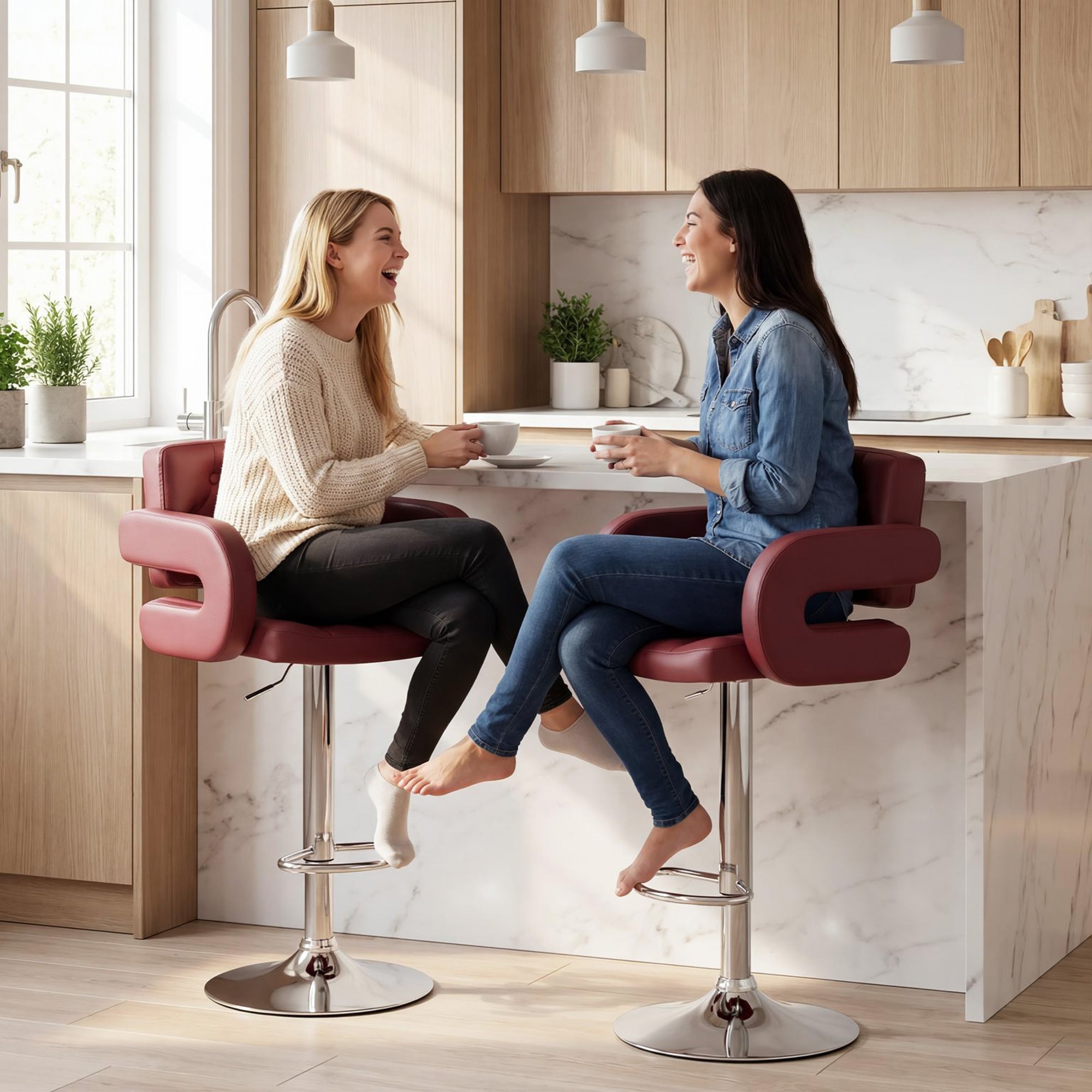 Adjustable PU Bar Stool with Backrest, Armrests & Footrest — Burgundy