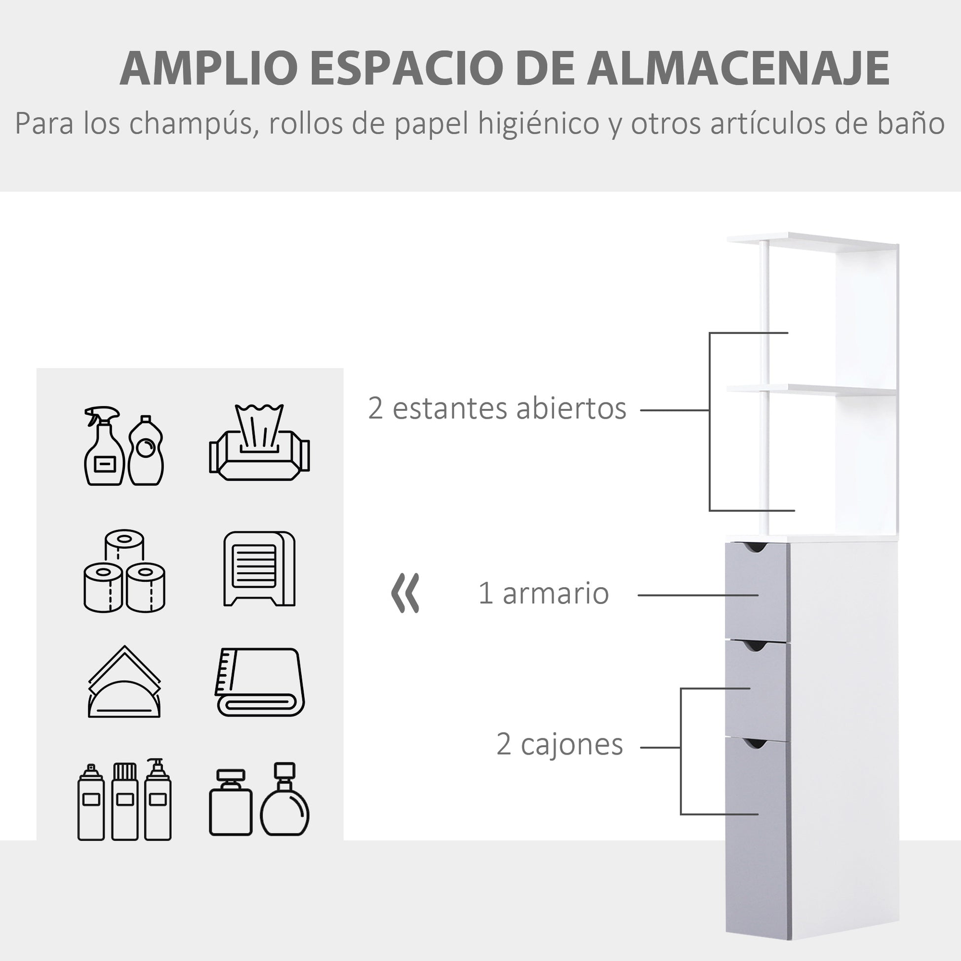 Modern Bathroom Auxiliary Column Bathroom Cabinet Storage Unit with 2 Shelves 2 Drawers and 1 Anti-Tip Door 15x33x136.5 cm White