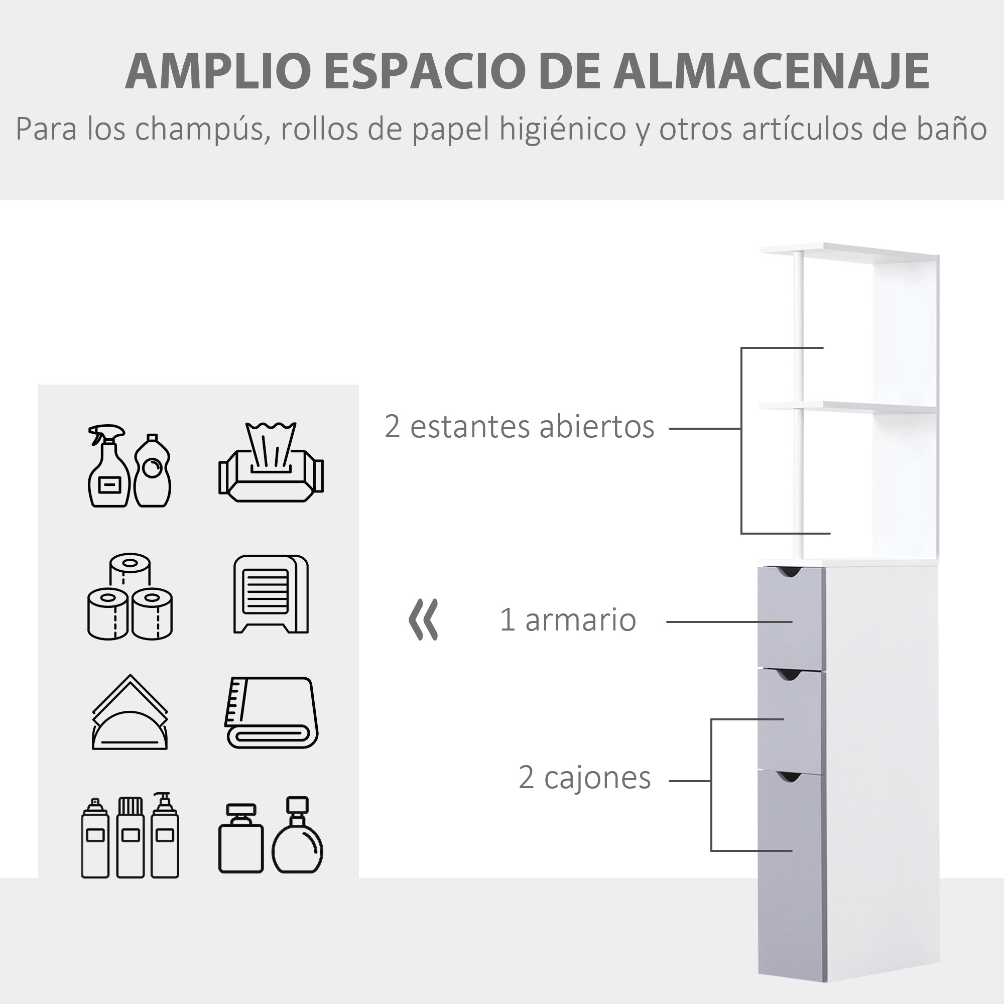 Modern Bathroom Auxiliary Column Bathroom Cabinet Storage Unit with 2 Shelves 2 Drawers and 1 Anti-Tip Door 15x33x136.5 cm White