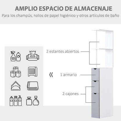 Modern Bathroom Auxiliary Column Bathroom Cabinet Storage Unit with 2 Shelves 2 Drawers and 1 Anti-Tip Door 15x33x136.5 cm White