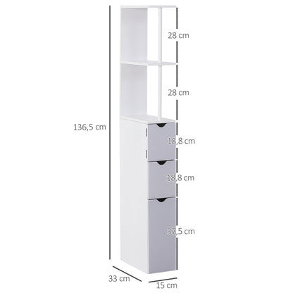 Modern Bathroom Auxiliary Column Bathroom Cabinet Storage Unit with 2 Shelves 2 Drawers and 1 Anti-Tip Door 15x33x136.5 cm White