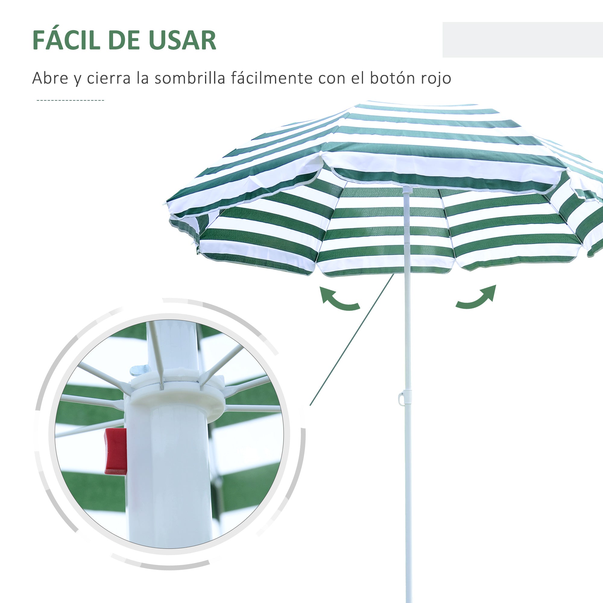 Beach Umbrella Ø180 cm with Tilted Roof and Metal Pole Sun Protection for Garden Terrace Exterior Green and White Stripes