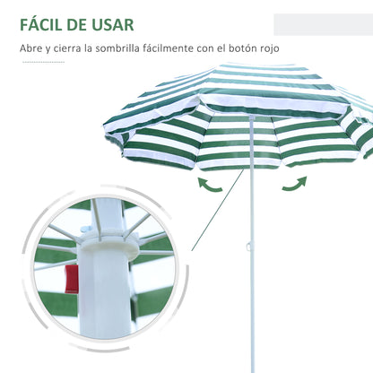 Beach Umbrella Ø180 cm with Tilted Roof and Metal Pole Sun Protection for Garden Terrace Exterior Green and White Stripes