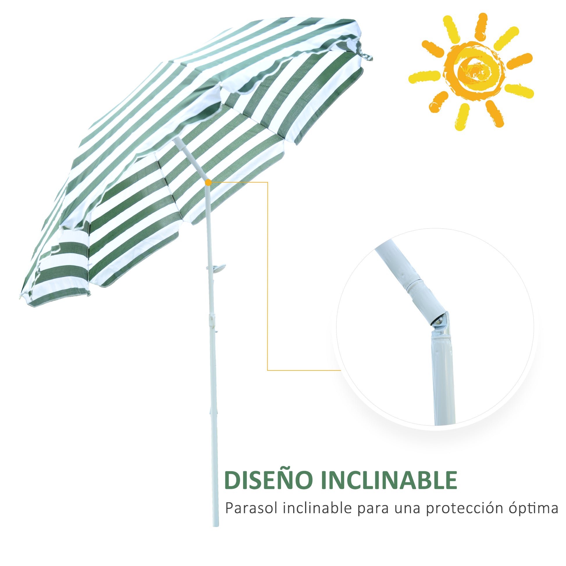 Beach Umbrella Ø180 cm with Tilted Roof and Metal Pole Sun Protection for Garden Terrace Exterior Green and White Stripes