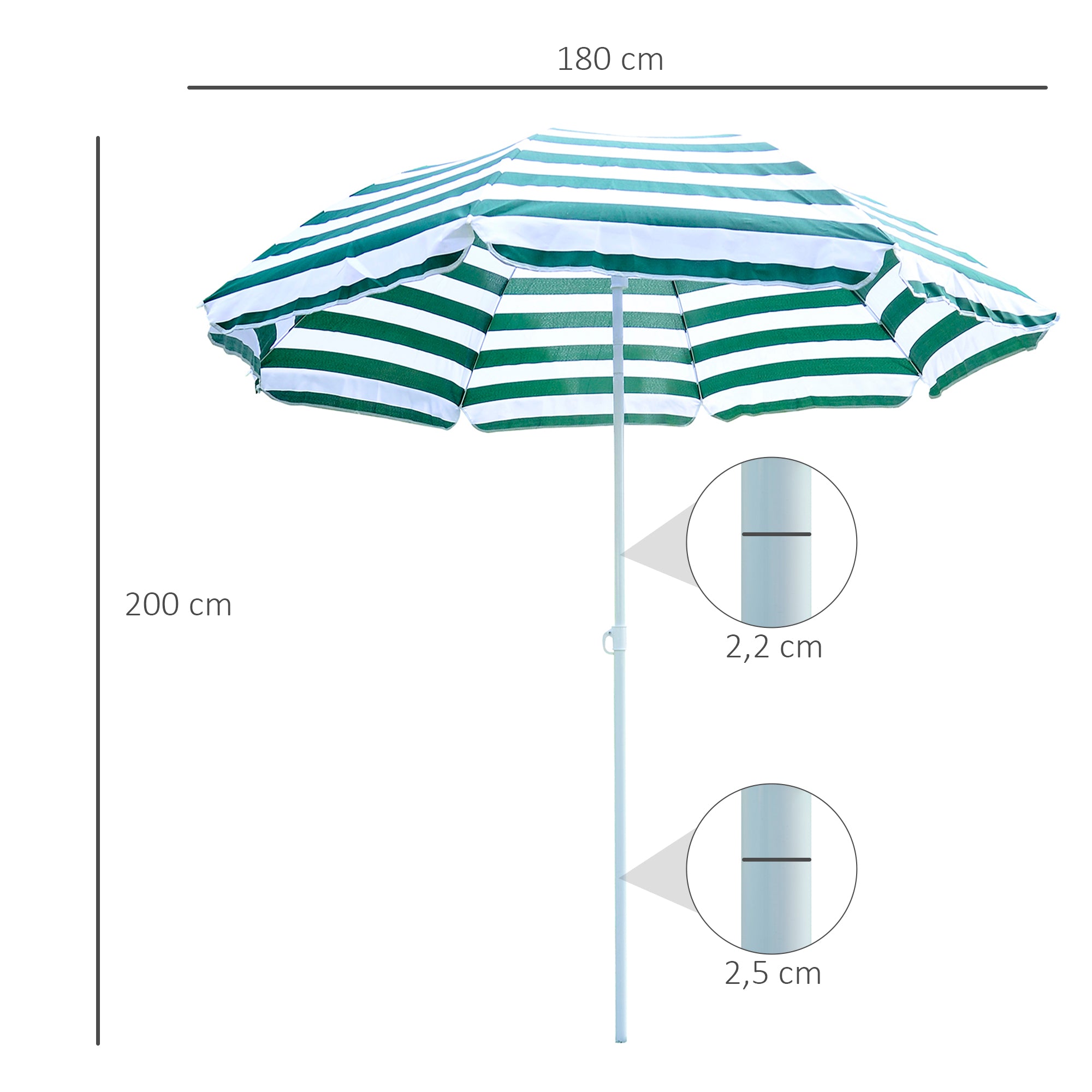 Beach Umbrella Ø180 cm with Tilted Roof and Metal Pole Sun Protection for Garden Terrace Exterior Green and White Stripes