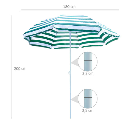 Beach Umbrella Ø180 cm with Tilted Roof and Metal Pole Sun Protection for Garden Terrace Exterior Green and White Stripes
