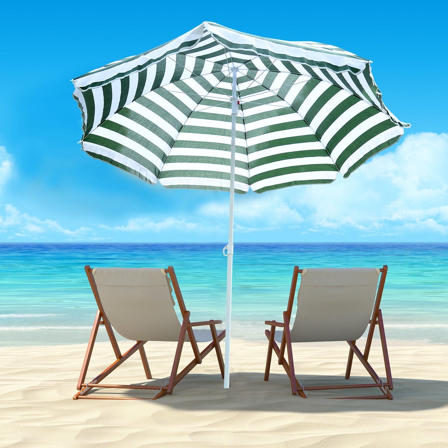 Beach Umbrella Ø180 cm with Tilted Roof and Metal Pole Sun Protection for Garden Terrace Exterior Green and White Stripes