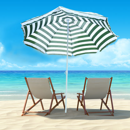 Beach Umbrella Ø180 cm with Tilted Roof and Metal Pole Sun Protection for Garden Terrace Exterior Green and White Stripes