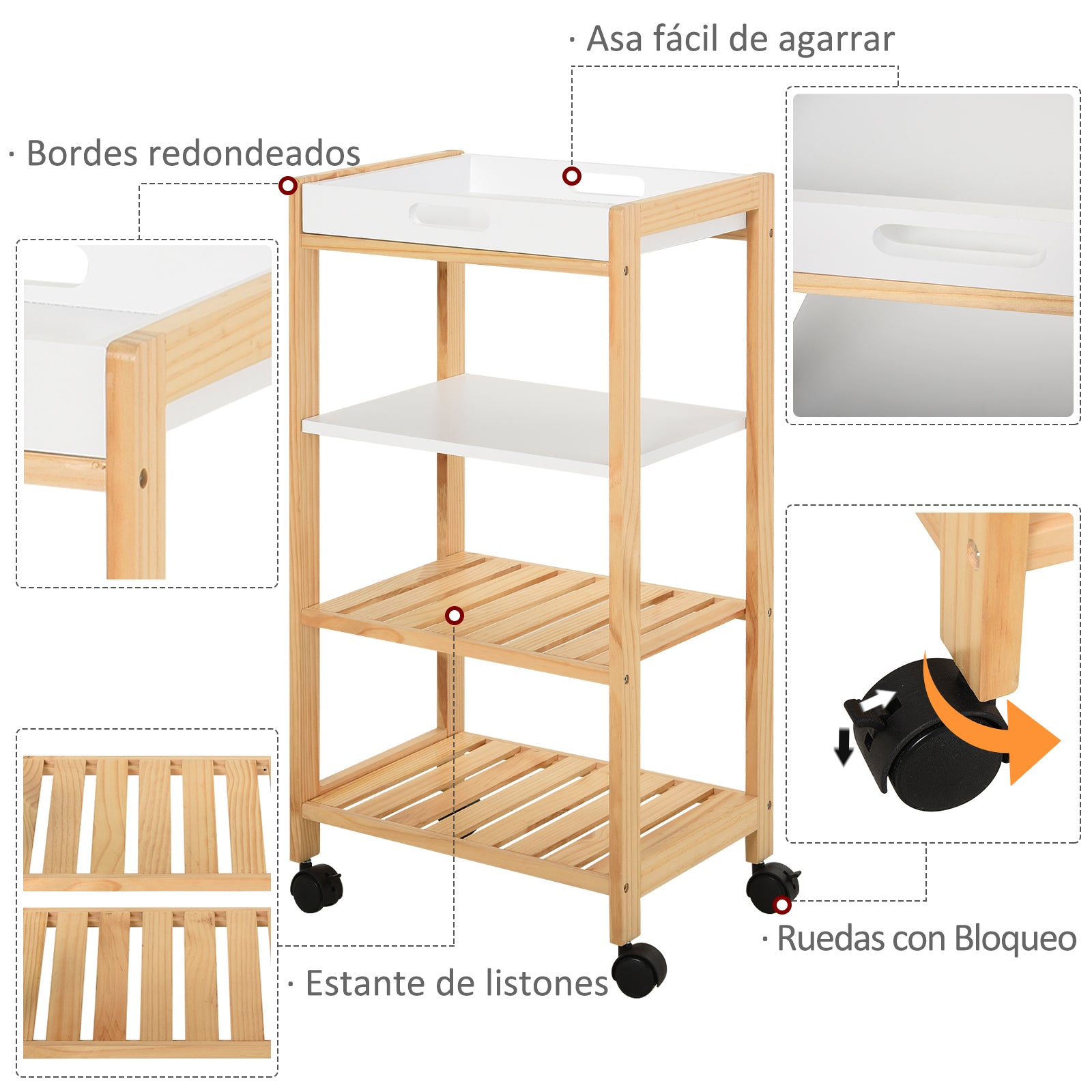 Kitchen Cart Household Service Cart 4 Levels with Removable Tray Shelf Universal Wheels 40x30x76 cm White Wood