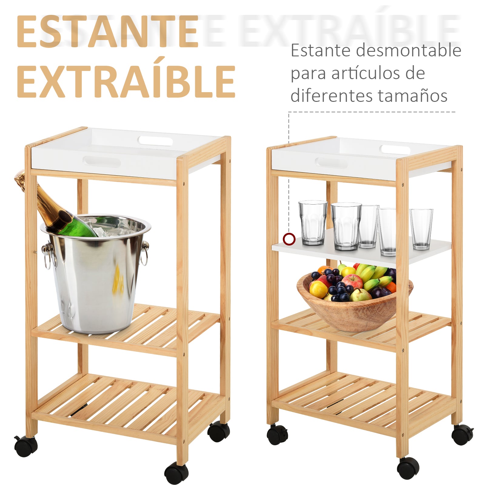 Kitchen Cart Household Service Cart 4 Levels with Removable Tray Shelf Universal Wheels 40x30x76 cm White Wood