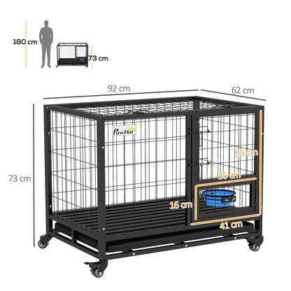 Dog Cage Large Dog Cage with Flip-Top Lid Bowl Holder Removable Tray Wheels and Double Detachable Door 92x62x73 cm Black
