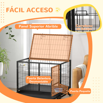 Dog Cage Large Dog Cage with Flip-Top Lid Bowl Holder Removable Tray Wheels and Double Detachable Door 92x62x73 cm Black