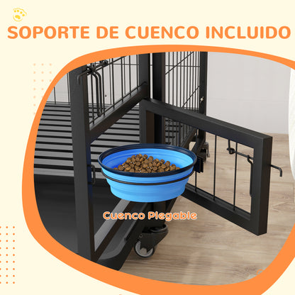 Dog Cage Large Dog Cage with Flip-Top Lid Bowl Holder Removable Tray Wheels and Double Detachable Door 92x62x73 cm Black