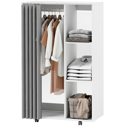 Wardrobe Closet Storage Cabinet on Wheels 4 Rolling Wheels with Clothing Rod and Open Shelves, Rolling Clothing Wardrobe for Bedroom, dim. 80 x 40 x 128 cm, White