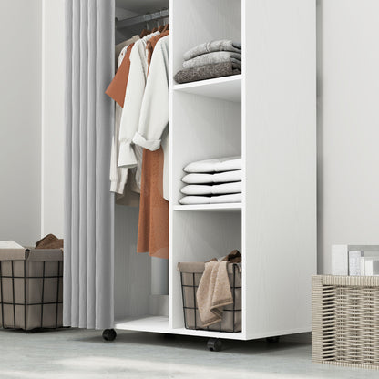 Wardrobe Closet Storage Cabinet on Wheels 4 Rolling Wheels with Clothing Rod and Open Shelves, Rolling Clothing Wardrobe for Bedroom, dim. 80 x 40 x 128 cm, White