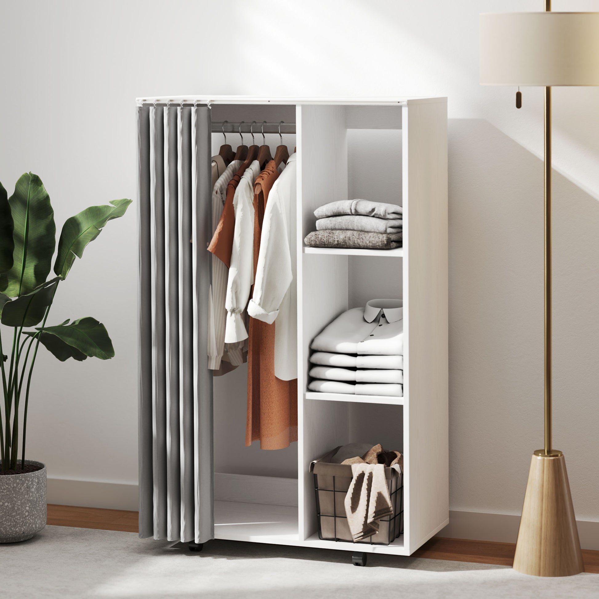 Wardrobe Closet Storage Cabinet on Wheels 4 Rolling Wheels with Clothing Rod and Open Shelves, Rolling Clothing Wardrobe for Bedroom, dim. 80 x 40 x 128 cm, White