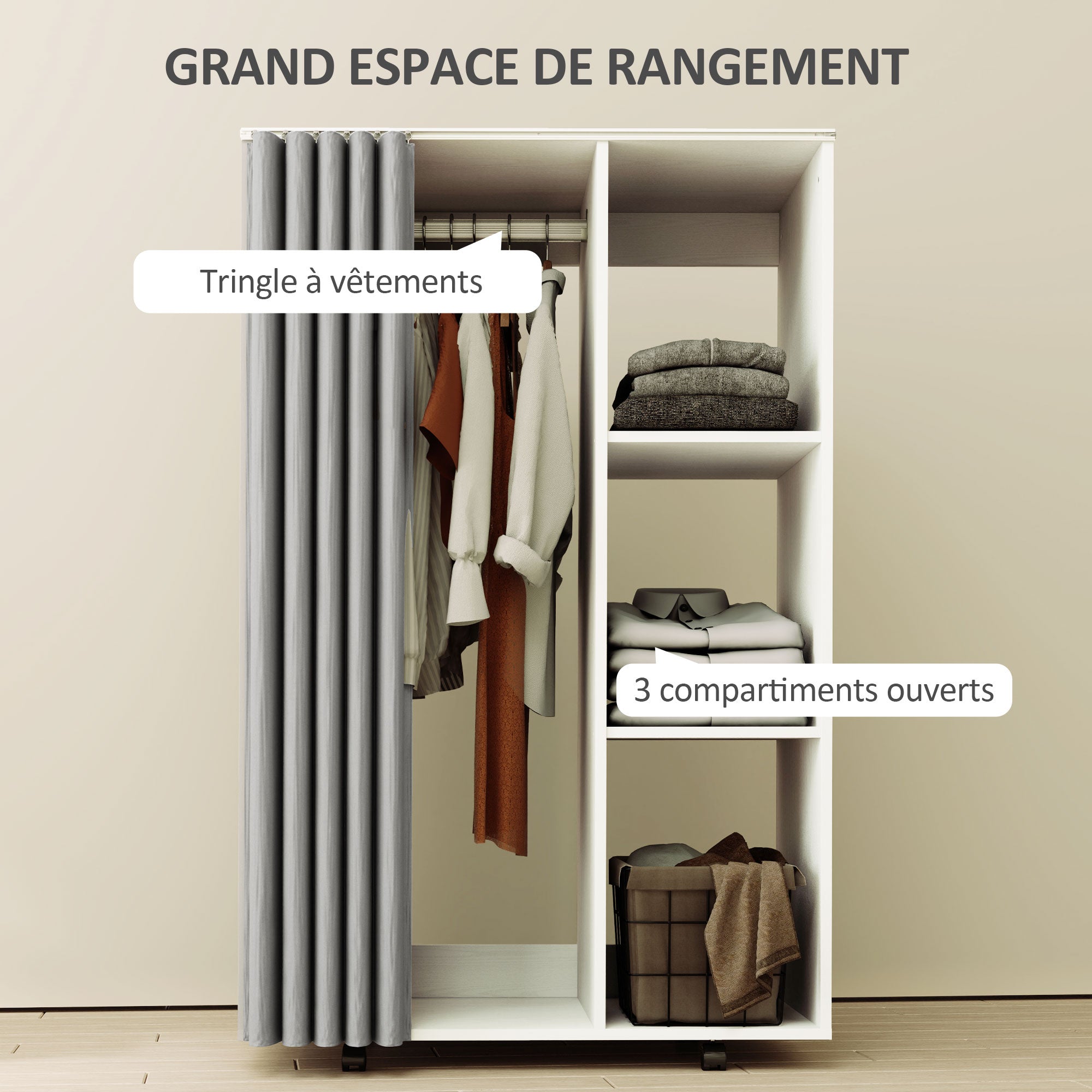 Wardrobe Closet Storage Cabinet on Wheels 4 Rolling Wheels with Clothing Rod and Open Shelves, Rolling Clothing Wardrobe for Bedroom, dim. 80 x 40 x 128 cm, White