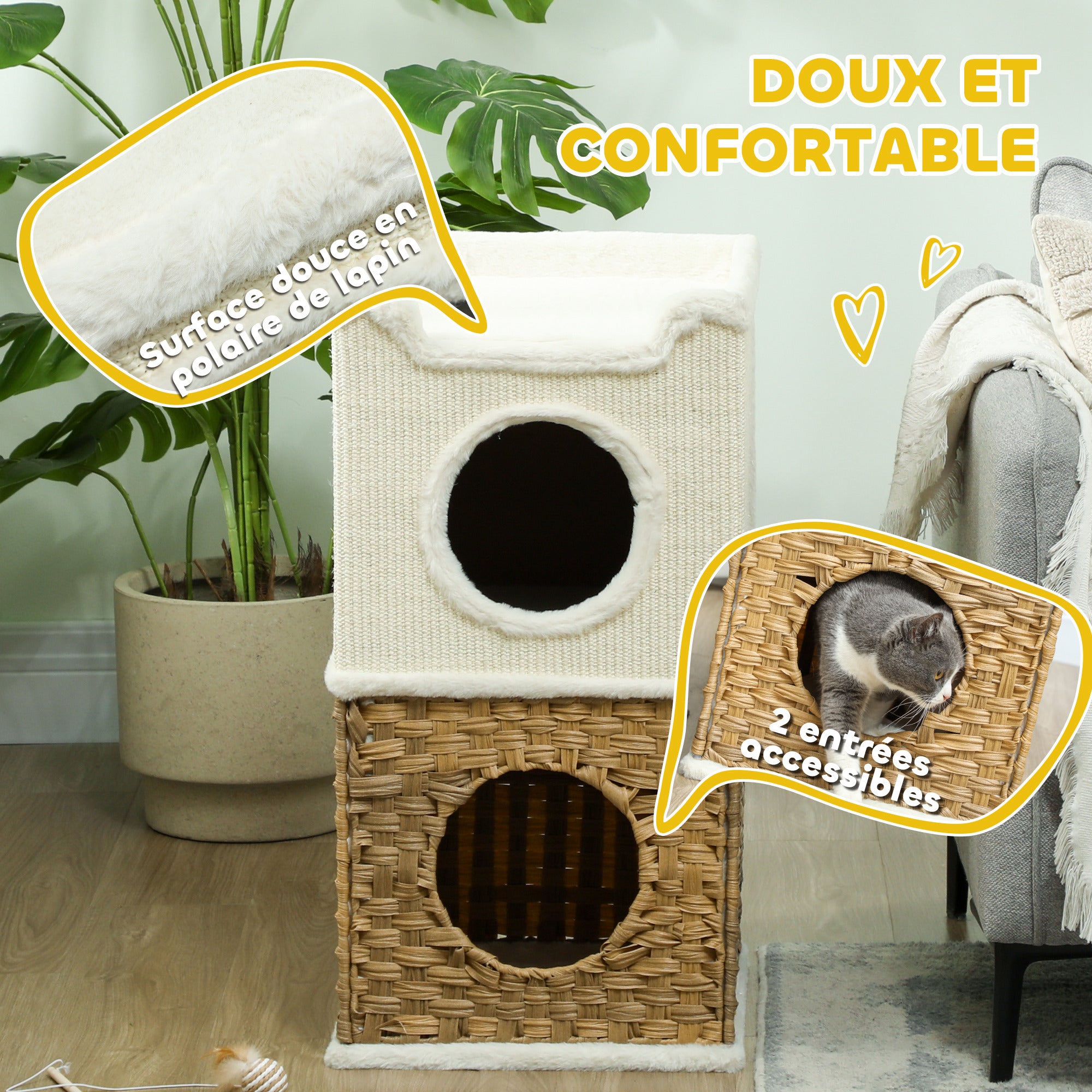 Indoor Cat Niche 3-Level Cat Tower with Open Top Platform, Sisal Scratching Barrel for Pets under 6 kg, 41 x 41 x 75.5 cm, Cream