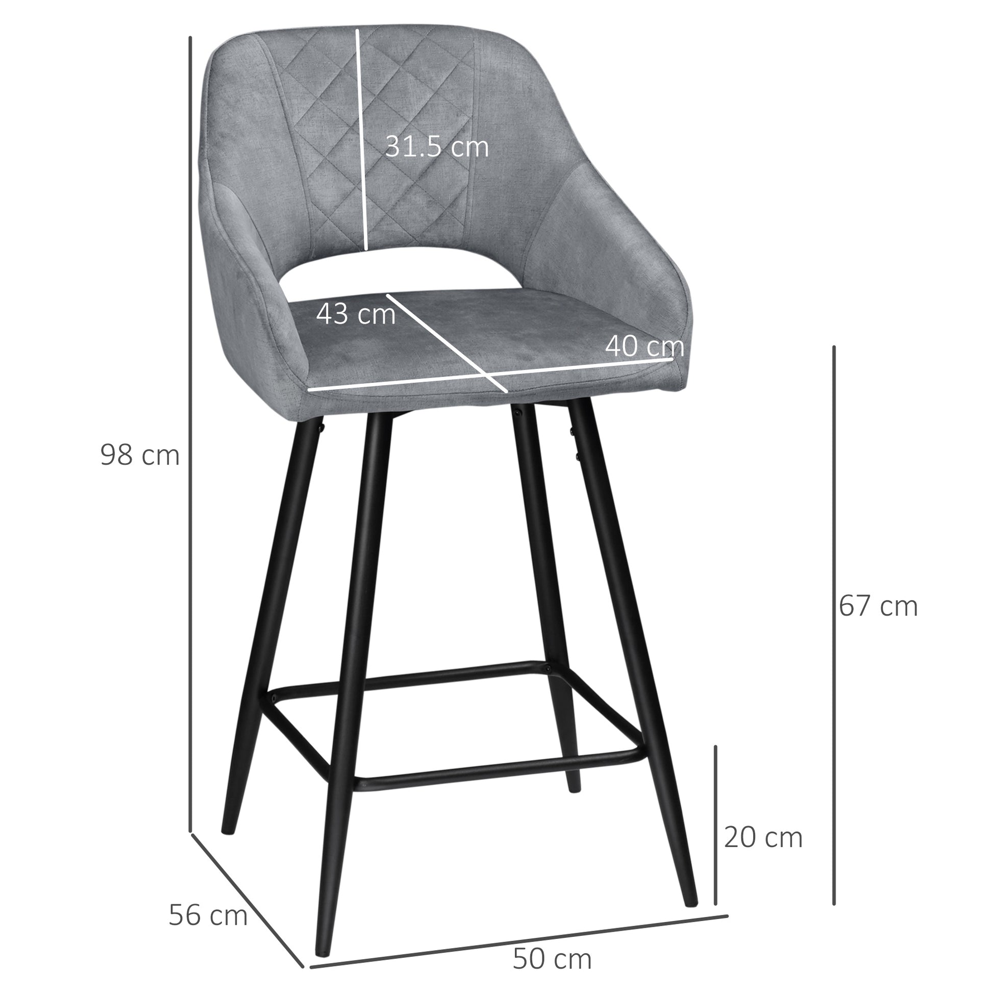 2-Piece Swivel Bar Stools with Backrest Barstools Bistro Counter Height Dining Chairs Velvet-Look Kitchen Stools for Kitchen Living Room Dining Room Steel Gray 50 x 56 x 98 cm