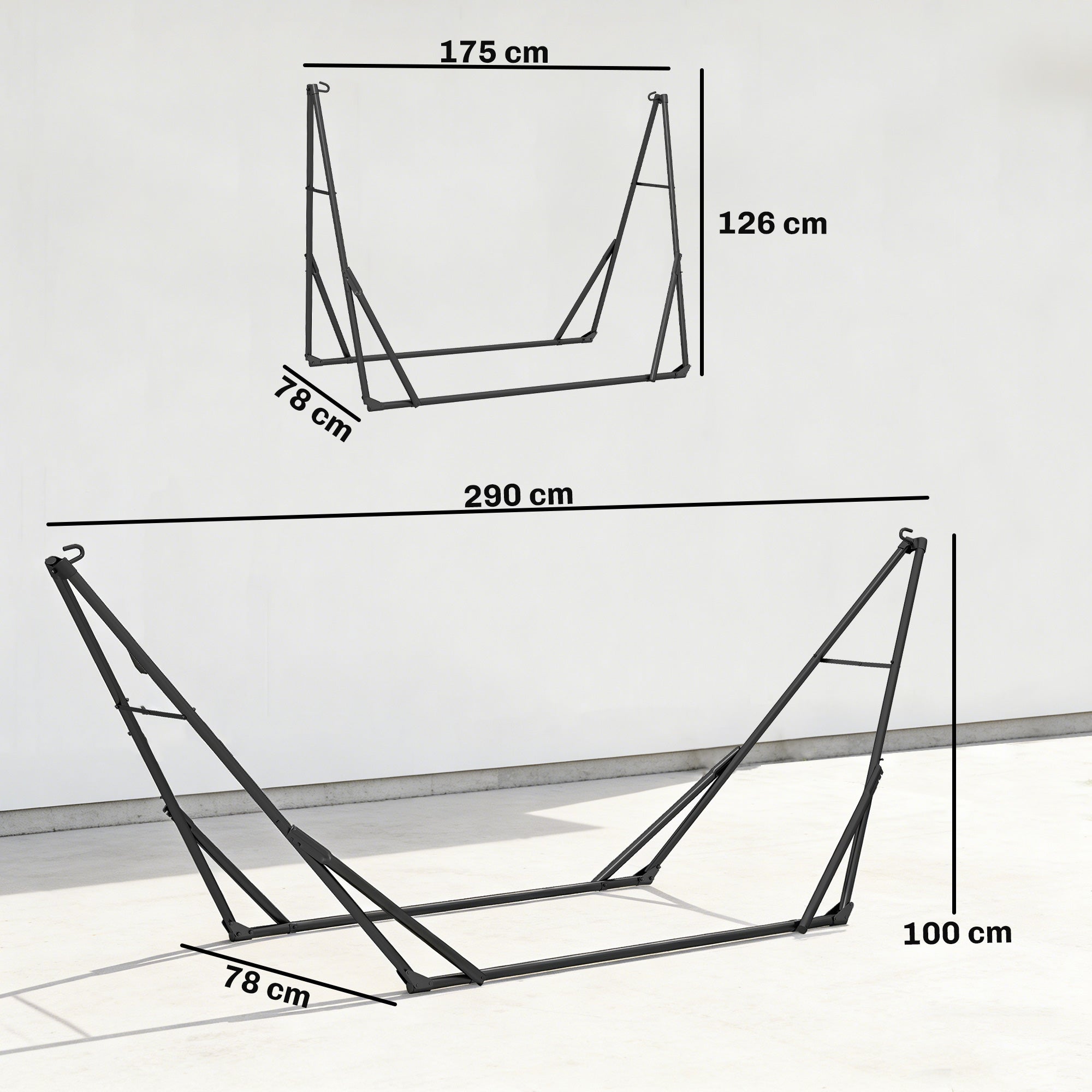 Folding Hammock Stand — Adjustable 5.7–9.5 ft, Portable Steel Frame with Carry Bag, 265 lb Capacity (Black)