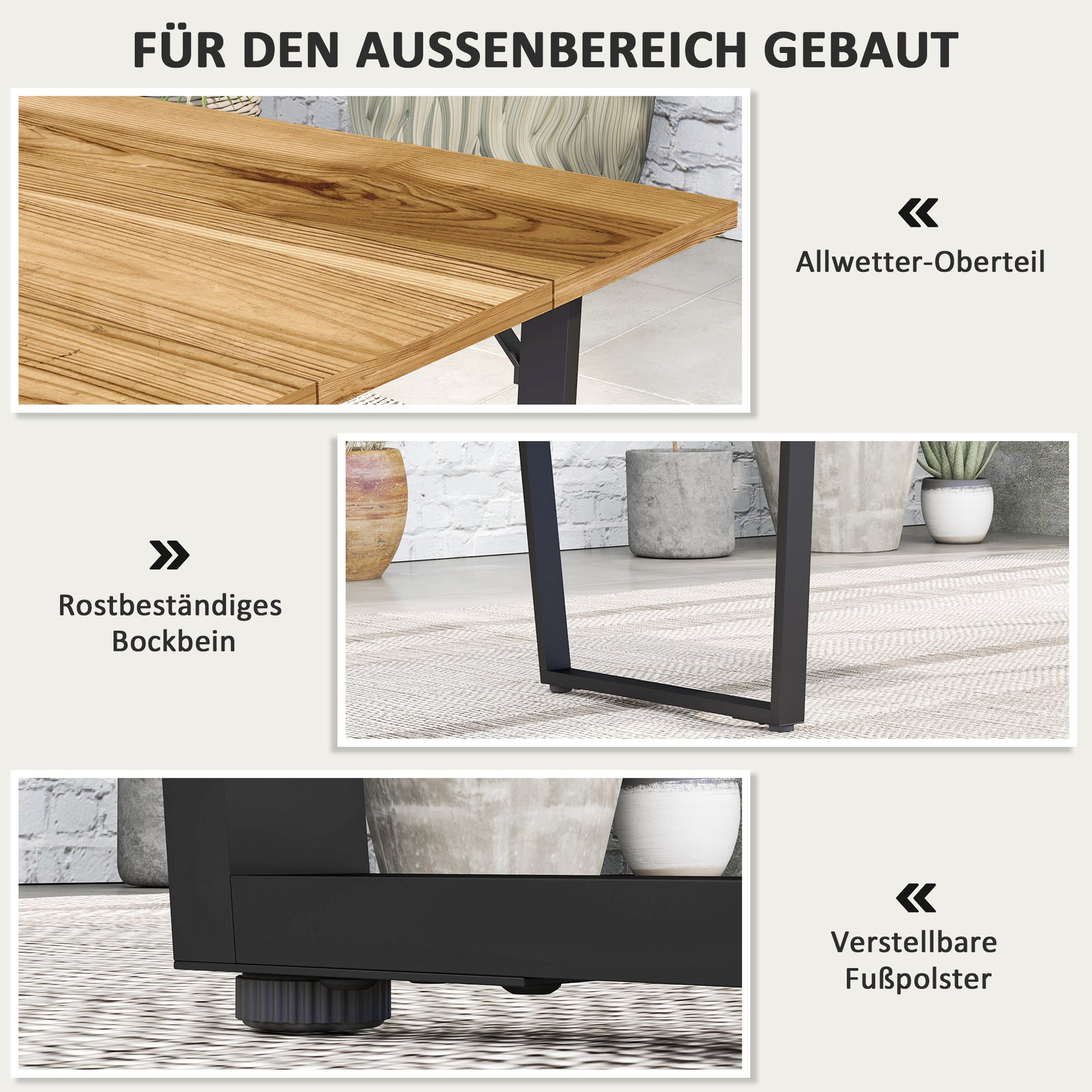 Wooden Garden Table 175x80 cm Weatherproof Patio Table with Umbrella Hole Buffet Table Camping Table for 6 People Patio Table Outdoor Dining Table for Garden, Terrace, Balcony Brown