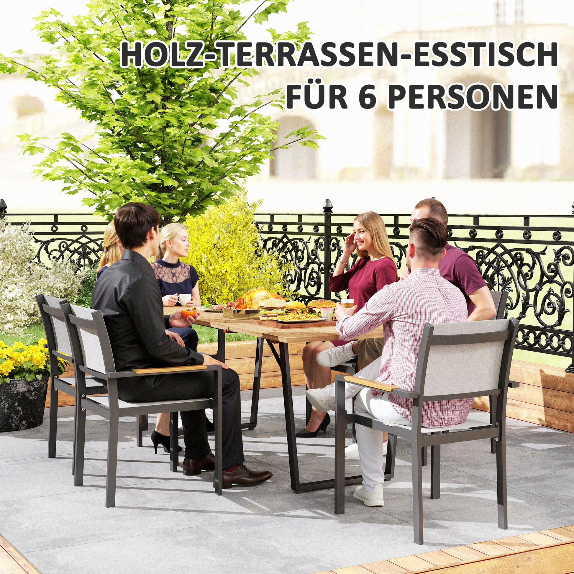 Wooden Garden Table 175x80 cm Weatherproof Patio Table with Umbrella Hole Buffet Table Camping Table for 6 People Patio Table Outdoor Dining Table for Garden, Terrace, Balcony Brown