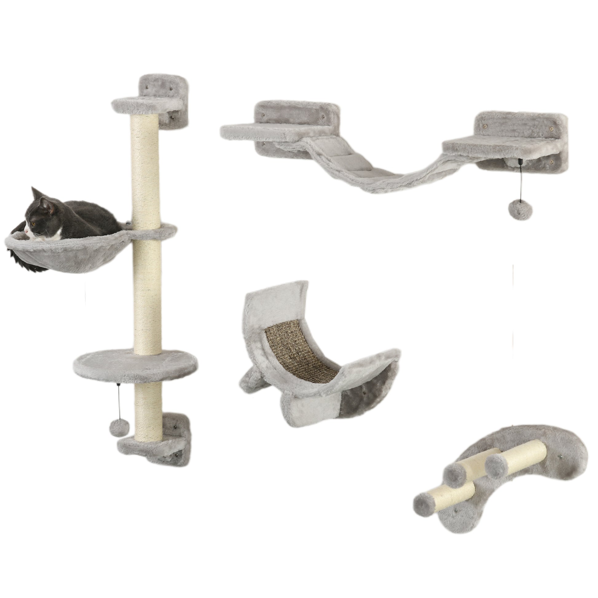 4-Piece Cat Shelves Set Wall Scratcher for Cats with Hammock Scratching Posts Soft Ladder Platforms Gray