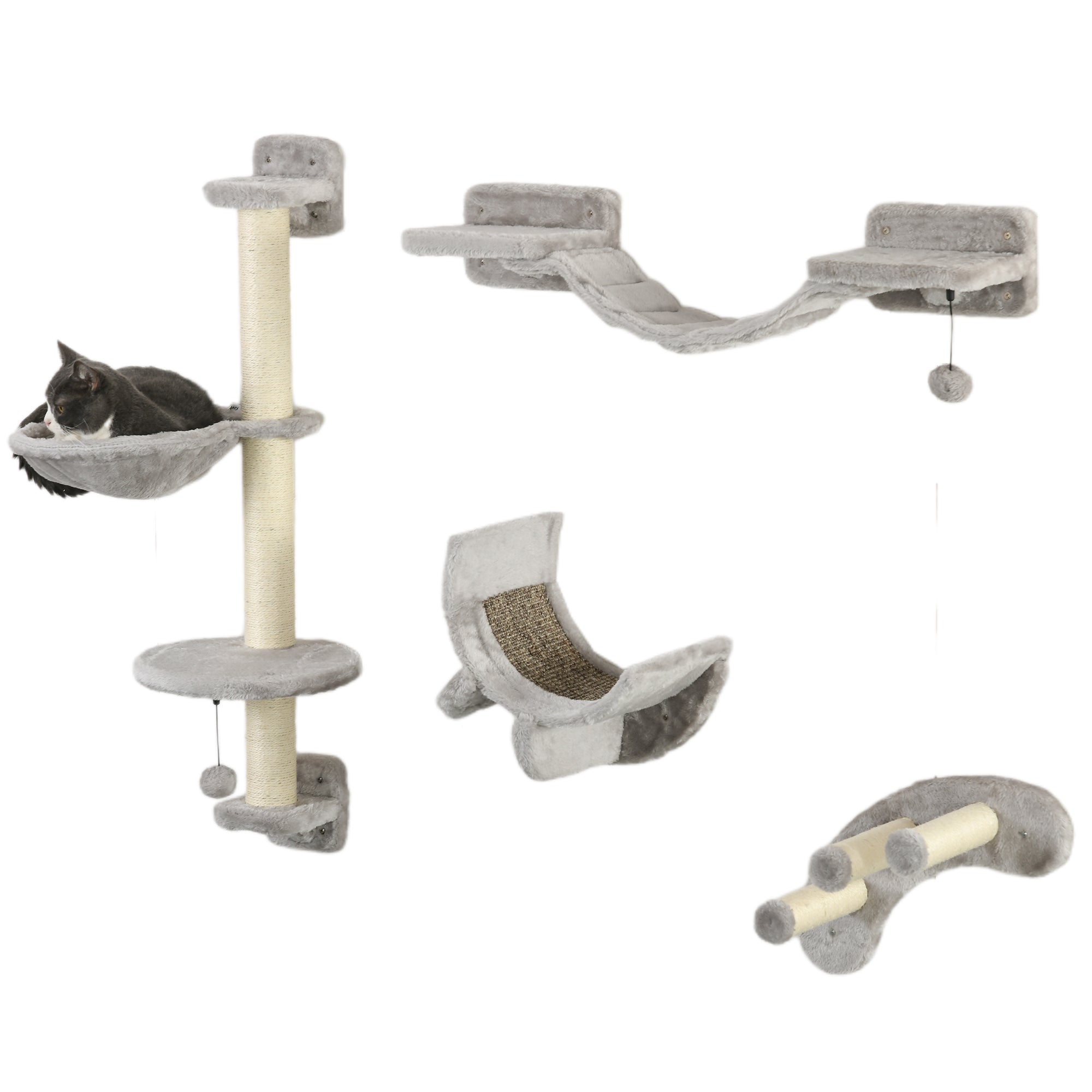 4-Piece Cat Shelves Set Wall Scratcher for Cats with Hammock Scratching Posts Soft Ladder Platforms Gray