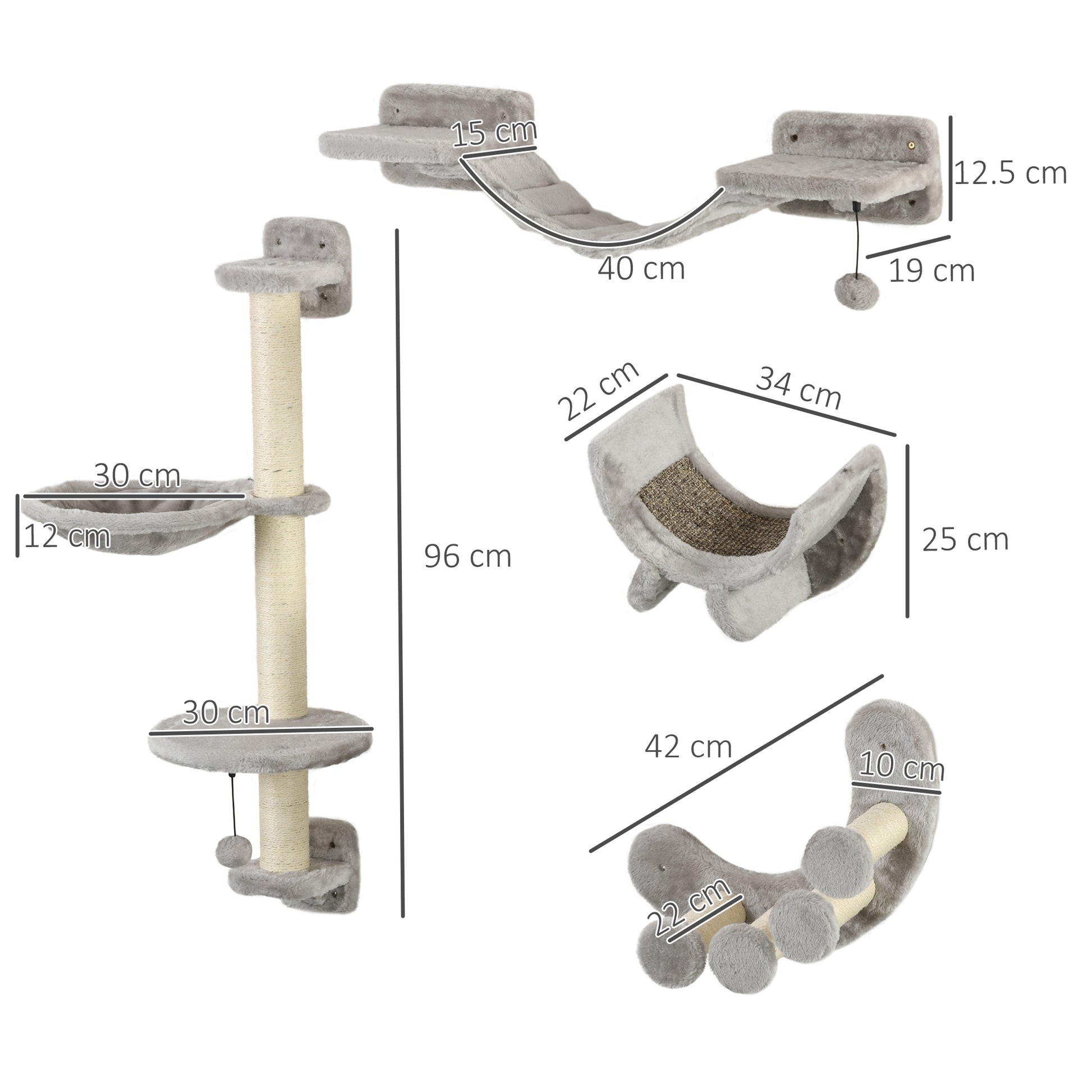 4-Piece Cat Shelves Set Wall Scratcher for Cats with Hammock Scratching Posts Soft Ladder Platforms Gray