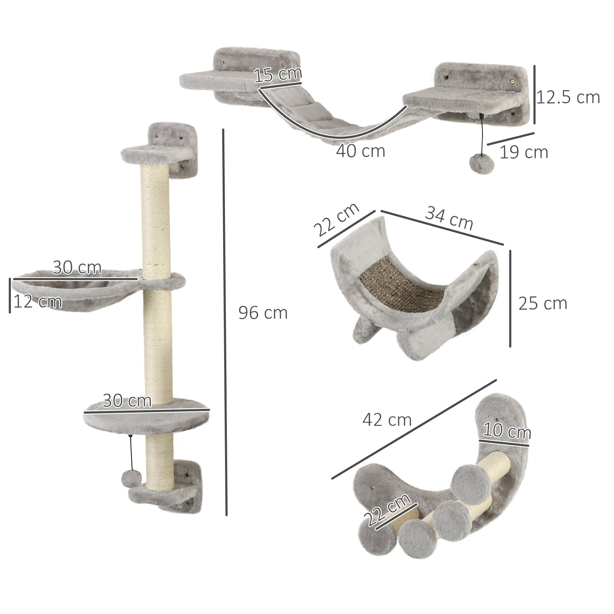 4-Piece Cat Shelves Set Wall Scratcher for Cats with Hammock Scratching Posts Soft Ladder Platforms Gray