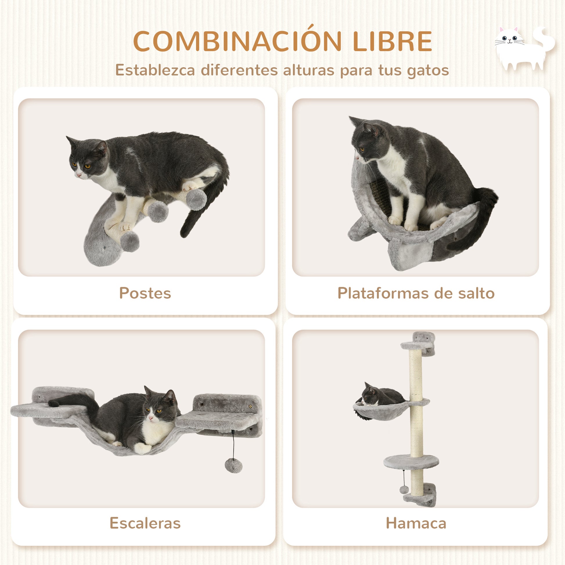 4-Piece Cat Shelves Set Wall Scratcher for Cats with Hammock Scratching Posts Soft Ladder Platforms Gray
