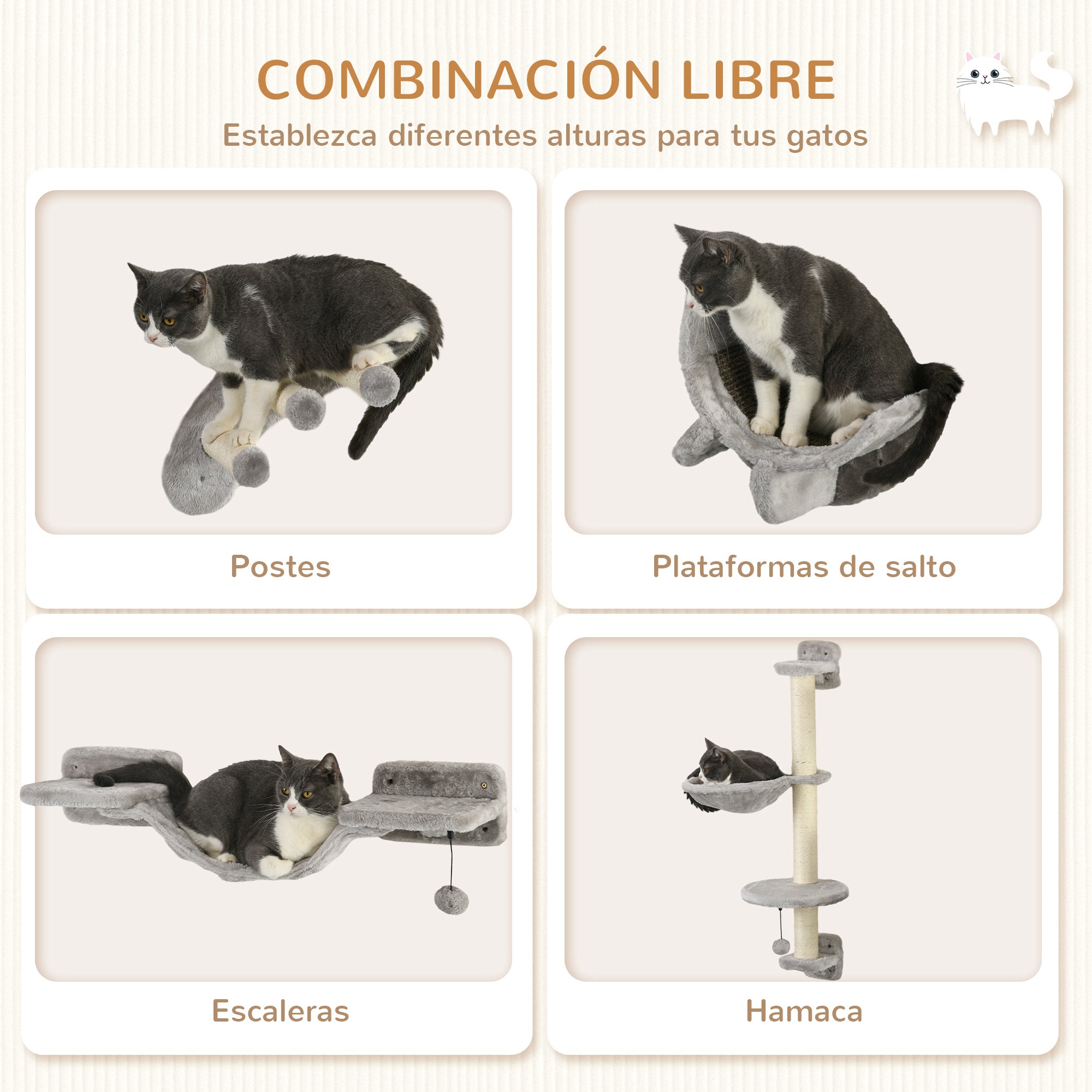 4-Piece Cat Shelves Set Wall Scratcher for Cats with Hammock Scratching Posts Soft Ladder Platforms Gray