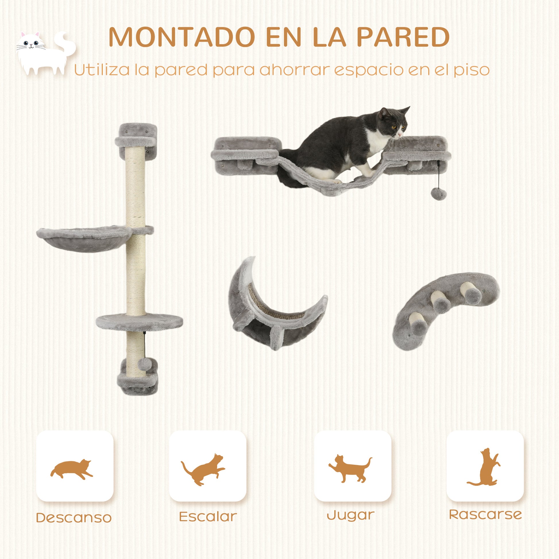 4-Piece Cat Shelves Set Wall Scratcher for Cats with Hammock Scratching Posts Soft Ladder Platforms Gray