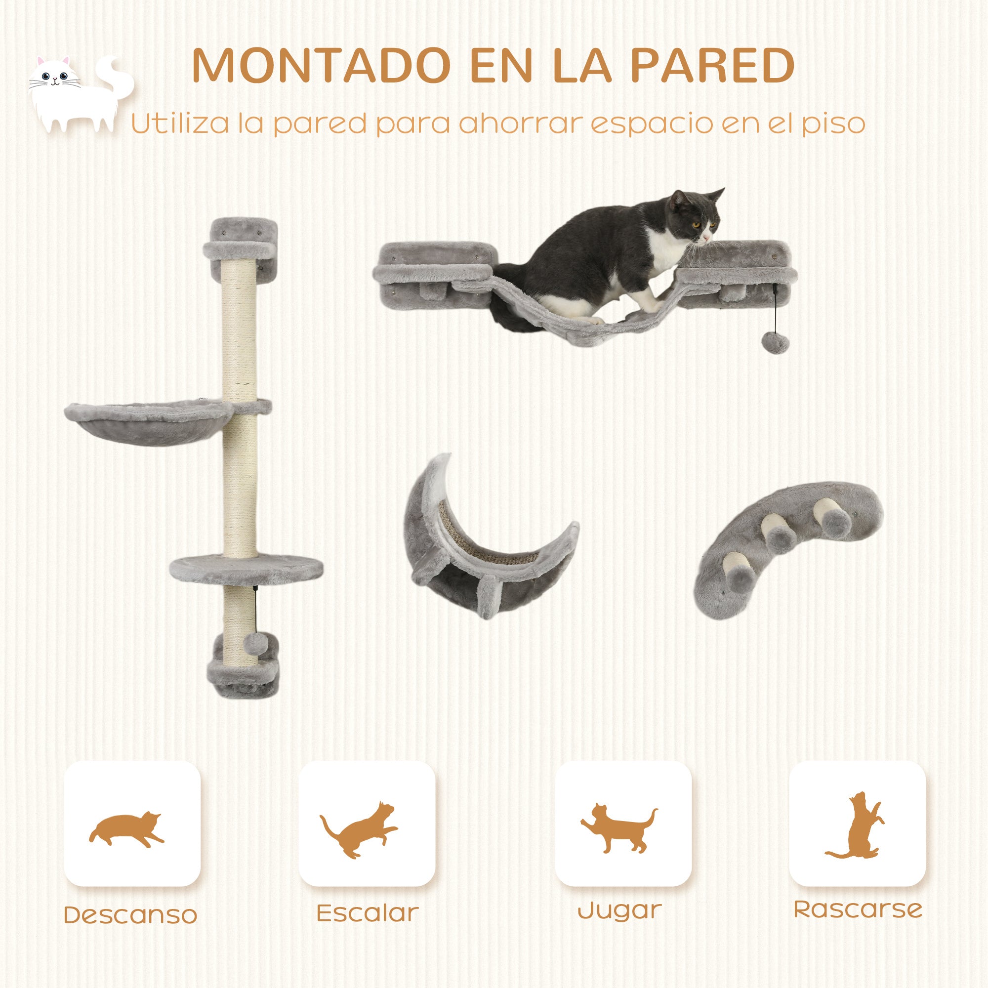 4-Piece Cat Shelves Set Wall Scratcher for Cats with Hammock Scratching Posts Soft Ladder Platforms Gray