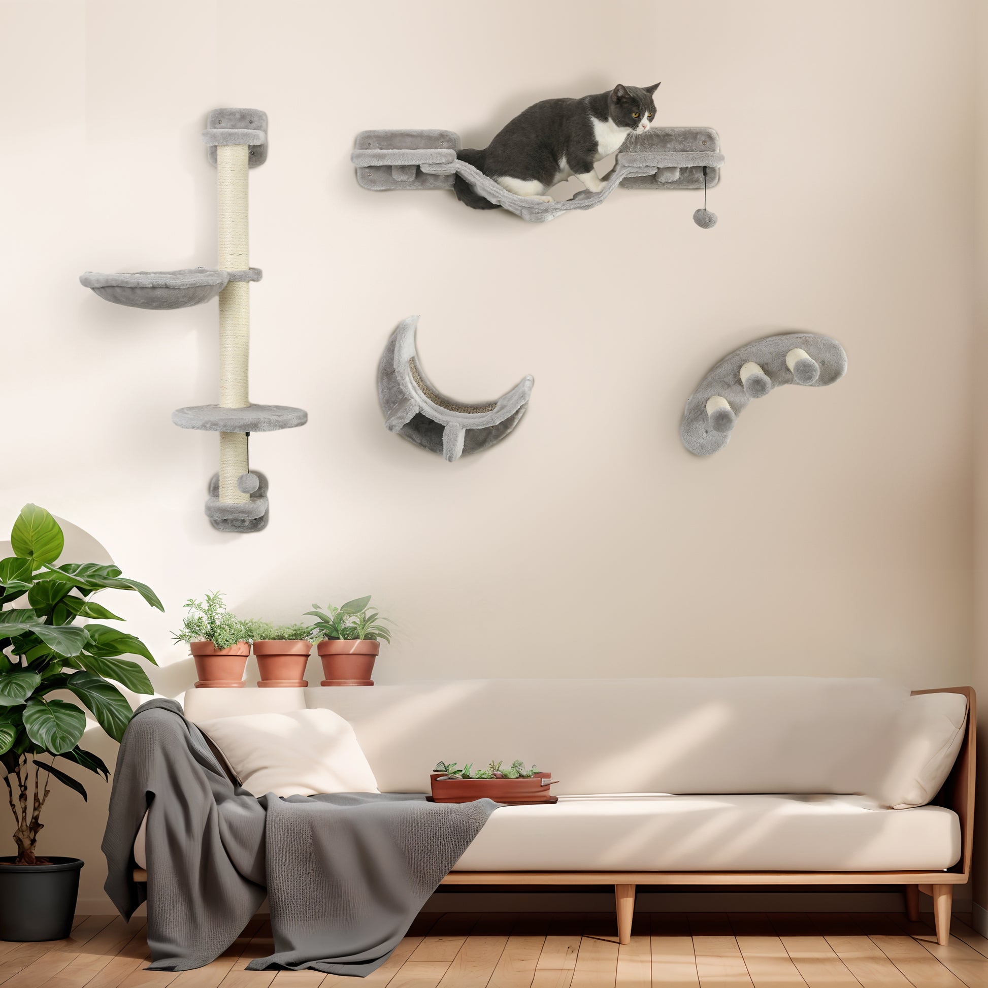 4-Piece Cat Shelves Set Wall Scratcher for Cats with Hammock Scratching Posts Soft Ladder Platforms Gray