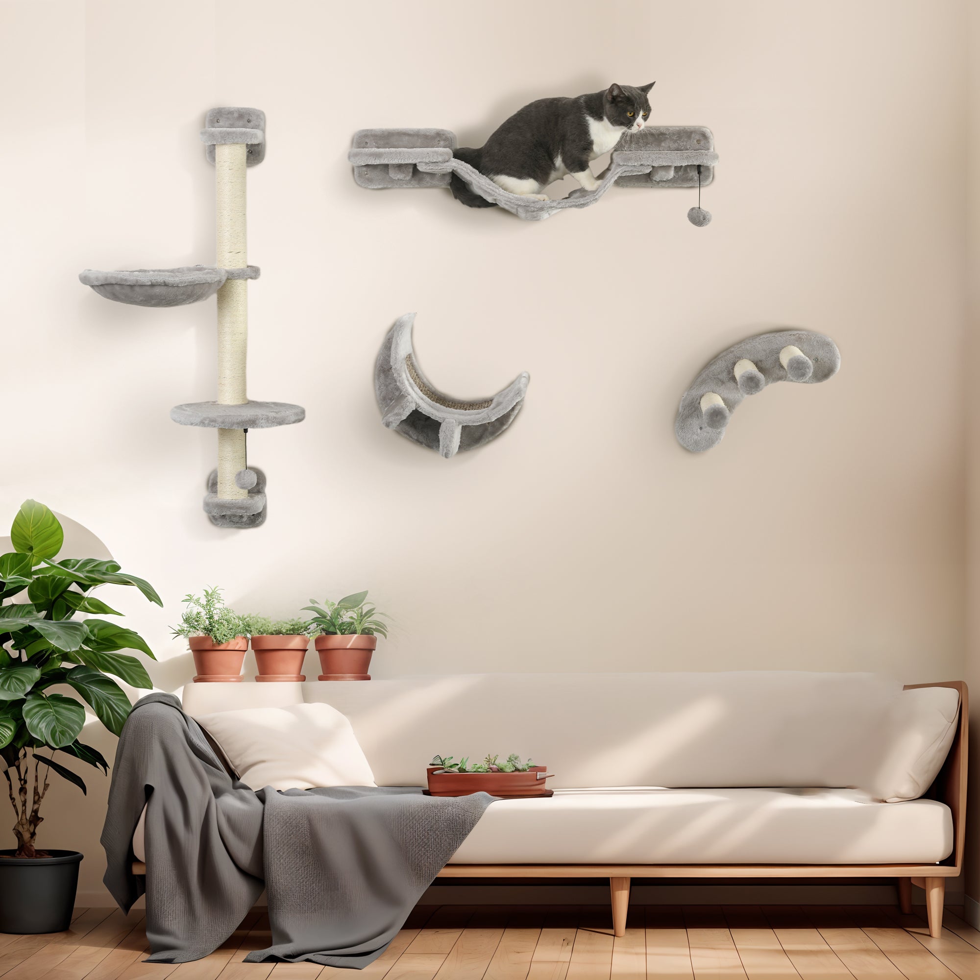 4-Piece Cat Shelves Set Wall Scratcher for Cats with Hammock Scratching Posts Soft Ladder Platforms Gray