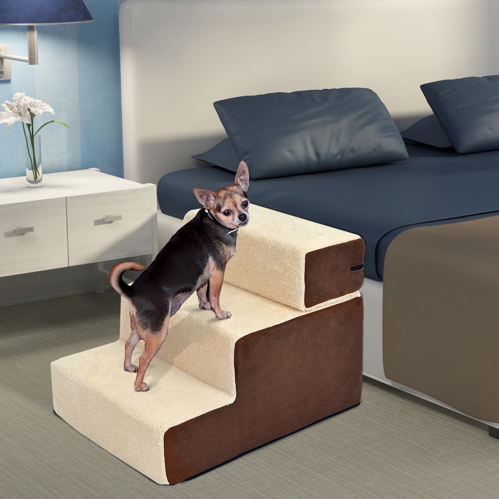 Pet Staircase Dog Staircase Cat Staircase 3 Steps for Cats and Dogs Plush Beige 54 x 40 x 39cm