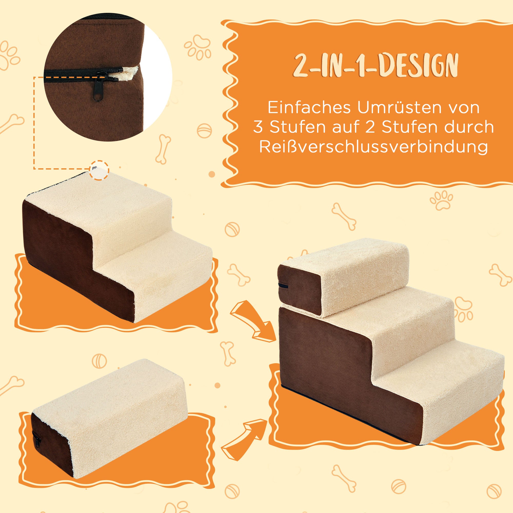 Pet Staircase Dog Staircase Cat Staircase 3 Steps for Cats and Dogs Plush Beige 54 x 40 x 39cm
