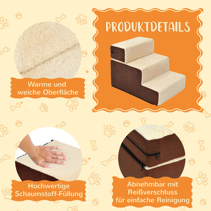 Pet Staircase Dog Staircase Cat Staircase 3 Steps for Cats and Dogs Plush Beige 54 x 40 x 39cm