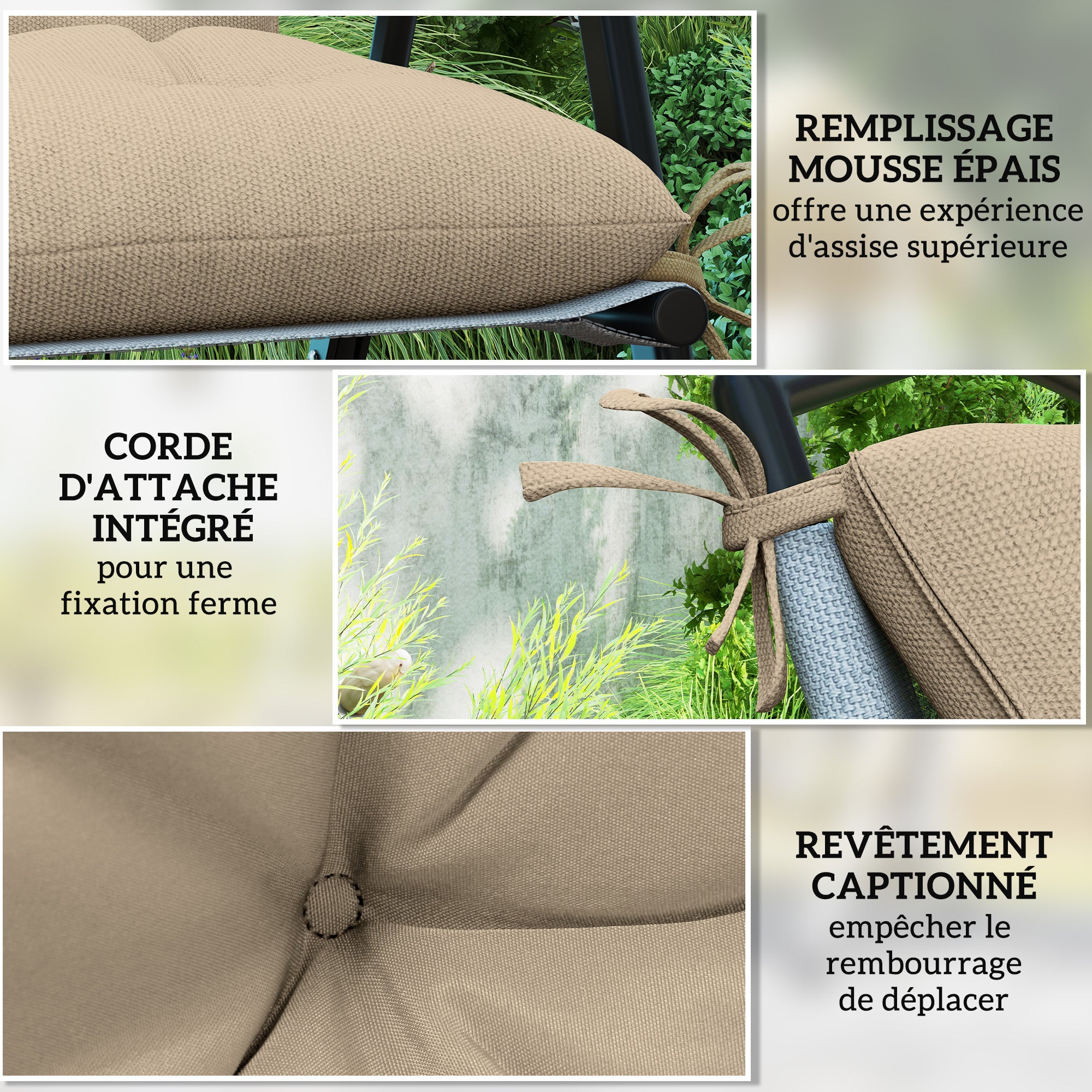 Set of 2 outdoor chair cushions, chair pads with ties, garden cushions for terrace or balcony, 98 x 50 x 8 cm, beige
