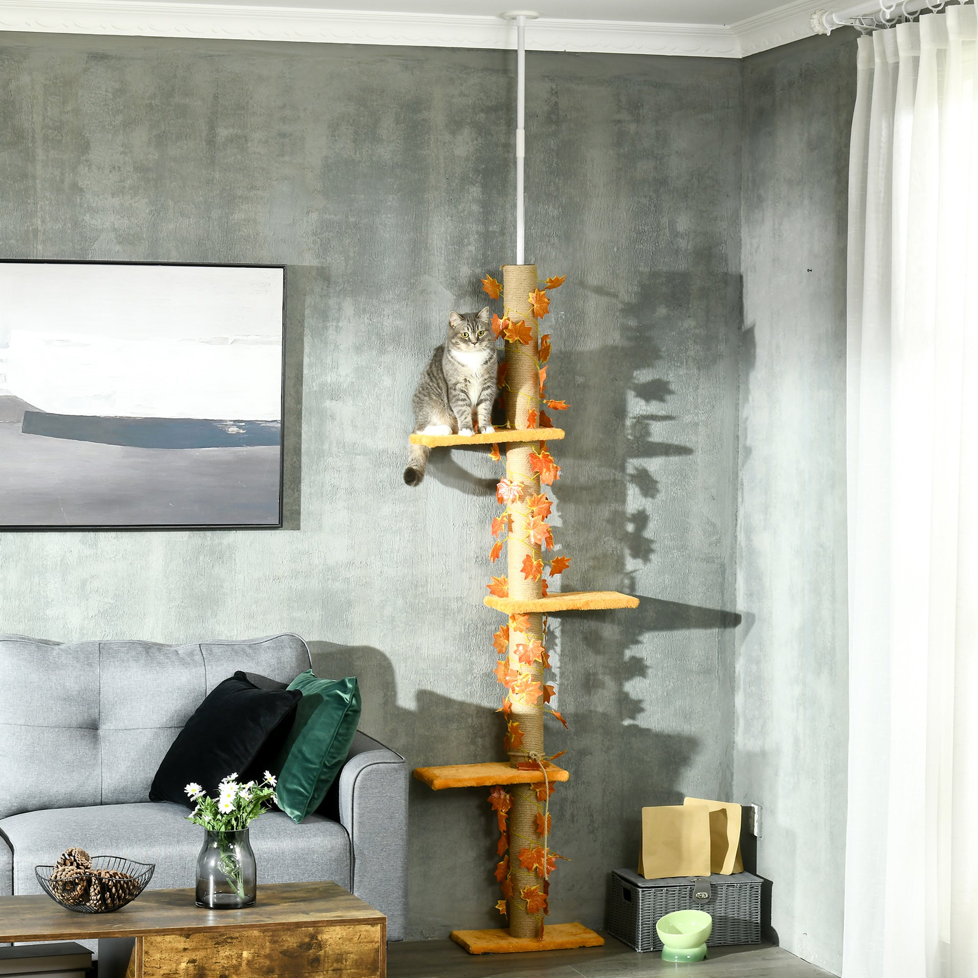 Floor-to-Ceiling Cat Tree 202-242 cm Cat Tower with 3 Platforms Sisal Posts Adjustable Height and Orange Maple Leaf Decoration